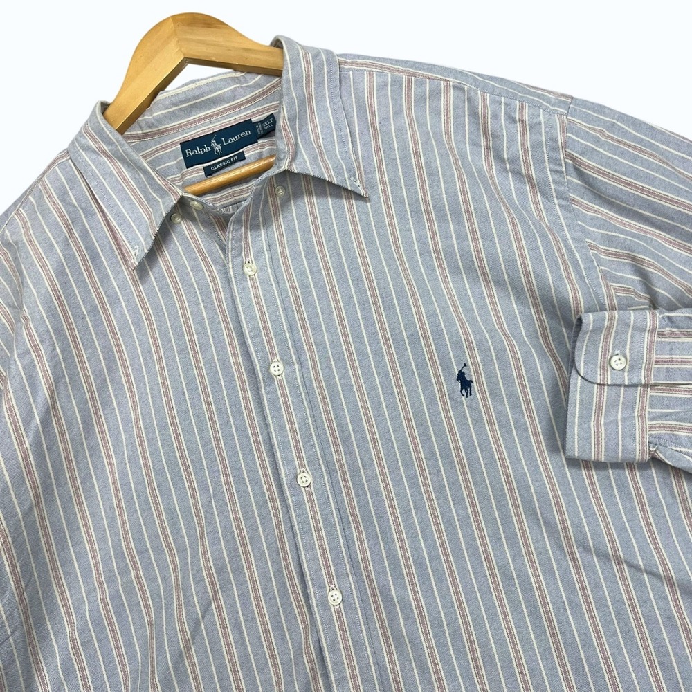 Vintage 90s Ralph Lauren Classic Fit Striped Shirt Mens 3XLT Tall Pink Blue Pony